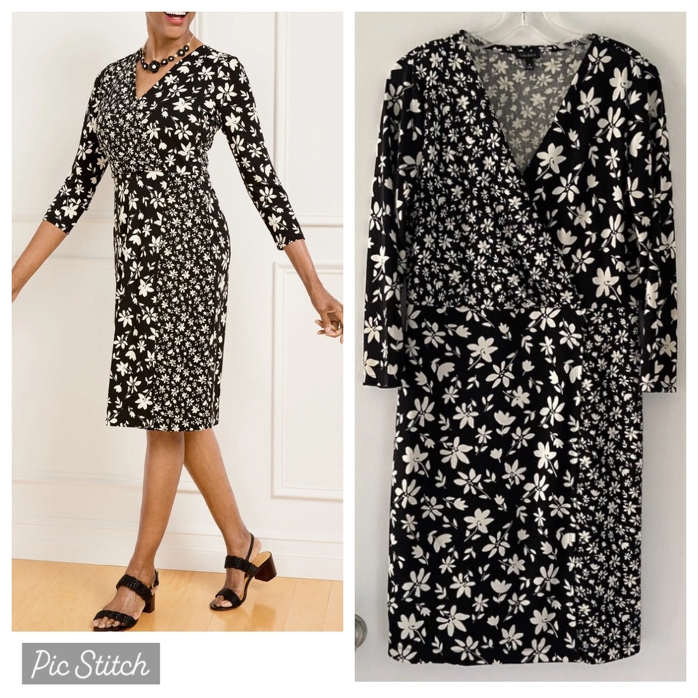 Talbots Size M Black + Ivory Bicolor Ditsy Wrap Jersey Dress
